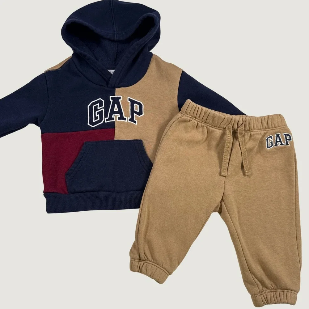 Baby Gap Kids Colorblock Fleece Hoodie and Joggers Set Navy Tan 6-12 Months